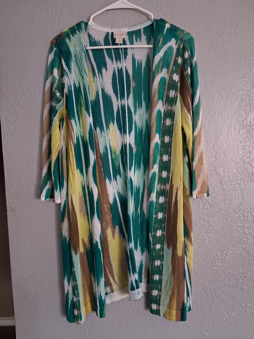 Chico's Lightweight Open Front Cardigan in Teal & Yellow Ikat Print 1/M